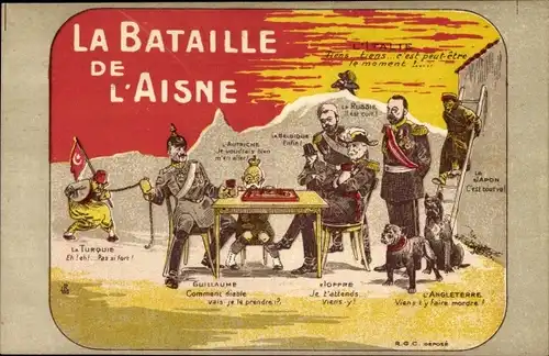 Ak La Bataille de l'Aisne, Wilhelm II, L'Italie, Joffre, L'Angleterre, La Turquie, Karikatur 1. WK