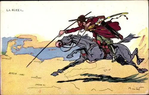 Ak La Ruee... russischer Reiter im Angriff auf Berlin, Karikatur 1. WK