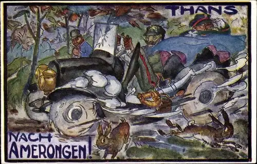 Ak Thans, Nach Amerongen, Kaiser Wilhelm II. im Automobil, Karikatur