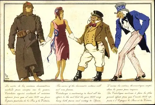 Künstler Ak Alliierte halten zusammen, Russland, Frankreich, USA, Marianne, John Bull, Uncle Sam