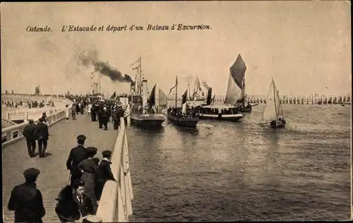 Ak Oostende Ostende Westflandern, L'Estacade et depart d'un Bateau d'Excursion