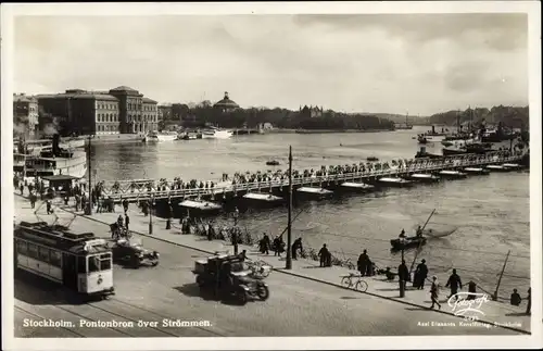 Ak Stockholm Schweden, Pontonbron över Strömmen, Straßenbahn