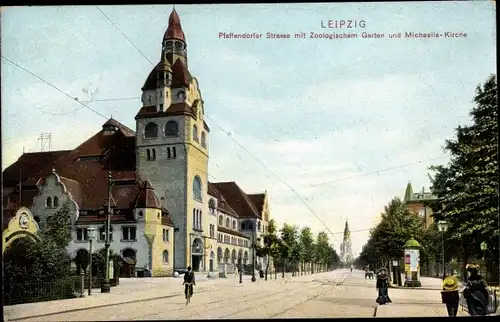 Ak Leipzig in Sachsen, Pfaffendorfer Straße mit Zoologischem Garten u. Michaelis-Kirche