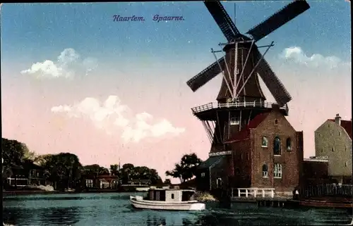 Ak Haarlem Nordholland Niederlande, Spaarne, Molen