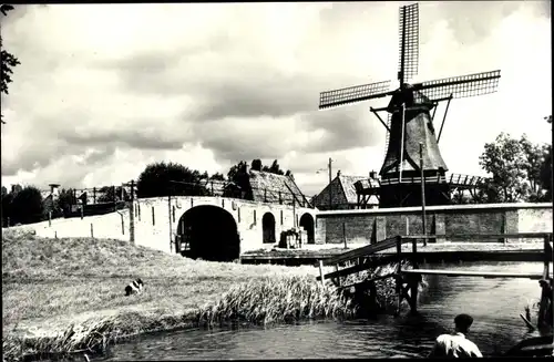 Ak Sloten Amsterdam Nordholland Niederlande, Windmühle, Brücke