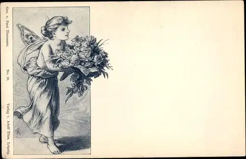 Künstler Ak Thomann, Paul, Elfe mit Blumenstrauß