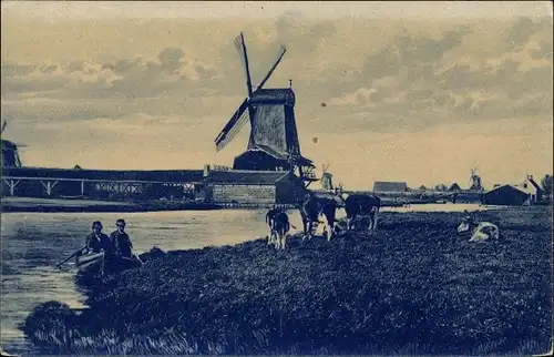 Ak Niederlande, Flusspartie, Ruderboot, Kühe, Windmühle