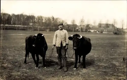 Foto Ak Bauer mit zwei Kühen, Landwirtschaft, Feld
