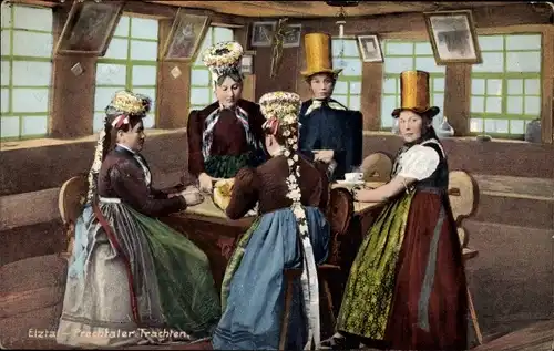 Ak Elztal-Prechtaler Trachten, Frauen am Tisch, Gemälde