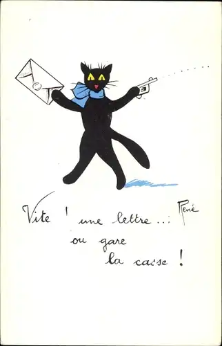 Künstler Ak Rene, Schwarze Katze mit Brief und Pistole