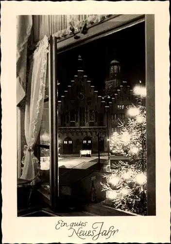 Ak Nürnberg in Mittelfranken, Blick aus Fenster auf weihnachtlich beleuchteten Platz, Glückwunsch