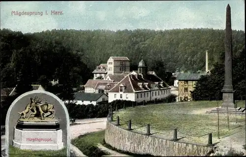 Ak Mägdesprung Harzgerode am Harz, Teilansicht, Statue Hirschgruppe