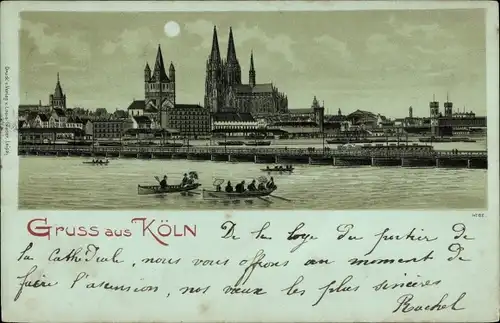 Mondschein Litho Köln am Rhein, Dom, Rheinpartie, Brücke