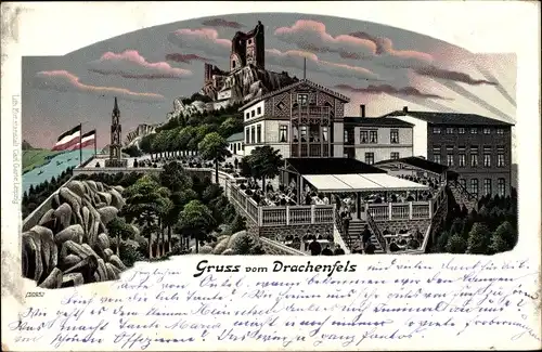 Litho Königswinter, Parte am Drachenfels, Blick auf die Ruine