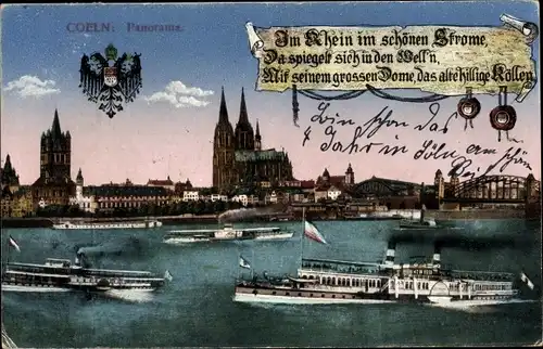 Ak Köln am Rhein, Panorama, Dom, Schiffe, Brücke