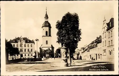 Ak Triptis in Thüringen, Kirche, Schule, Markt, Litfaßsäule