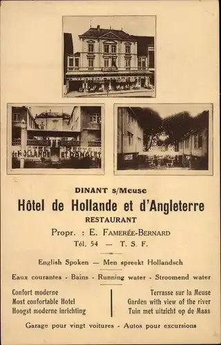 Ak Dinant Wallonien Namur, Hotel de Hollande et d'Angleterre, Restaurant