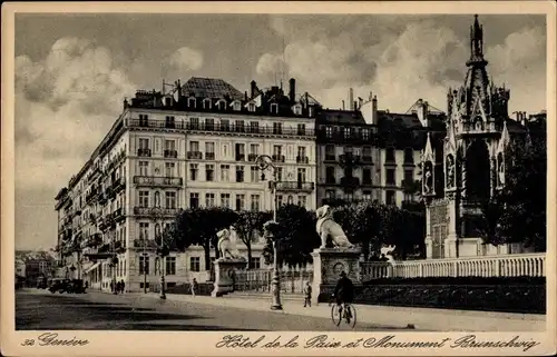 Ak Genève Genf Schweiz, Hotel de la Paix et Monument Brunschwig