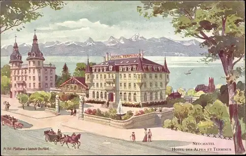 Künstler Ak Neuchâtel Neuenburg Stadt, Hotel des Alpes et Terminus