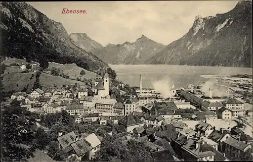 Ak Ebensee Oberösterreich Österreich, Stadtansicht, Kirchturm, Bergsee