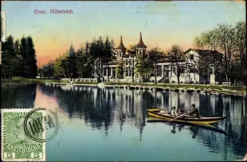 Ak Graz Steiermark, Hilmteich, Ruderboot, Gebäude