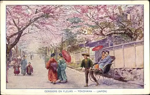 Künstler Ak Yokohama Präf. Kanagawa Japan, Cerisiers, Kirschblüte, Rikschafahrer, Spaziergänger