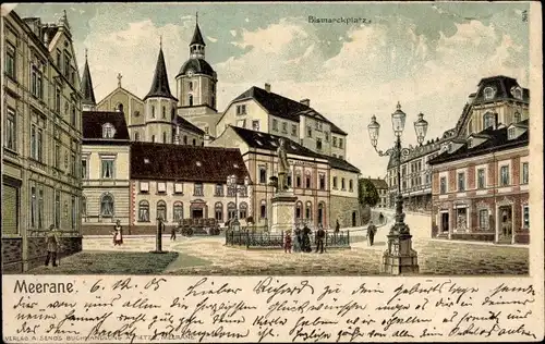 Litho Meerane in Sachsen, Bismarckplatz, Straßenpartie