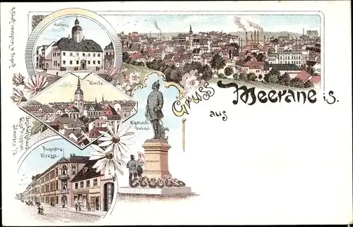 Litho Meerane in Sachsen, Totale, Rathaus, Kirche, Augustusstraße, Bismarckdenkmal