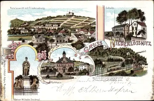 Litho Niederlößnitz Radebeul in Sachsen, Totalansicht, Friedensburg, Schule, Rathaus