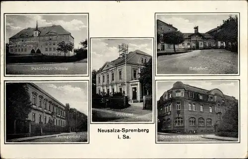 Ak Neusalza Spremberg in Sachsen, Pestalozzischule, Bahnhof, Postamt, Amtsgericht, Sparkasse