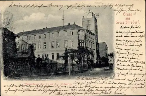 Ak Großröhrsdorf in Sachsen, Turmhaus der Firma J.G. Schurig