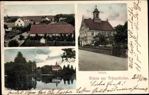 Ak Grüngräbchen Schwepnitz in der Lausitz, Schule, Dorfstraße, Schloss, Teich