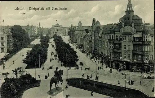 Ak Szczecin Stettin Pommern, Königsplatz mit Stadttheater, Reiterstandbild