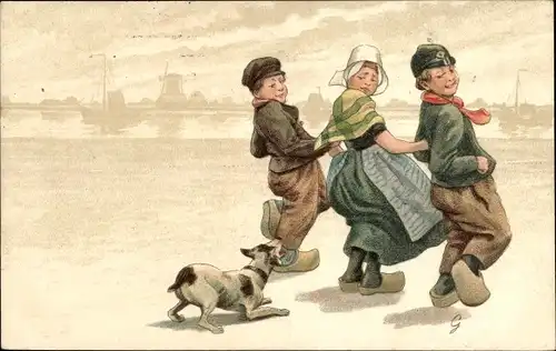 Künstler Ak Kinder in niederländischen Trachten, Hund