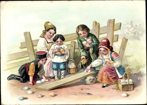 Litho Glückwunsch Ostern, Kinder in russischen Trachten, Ostereier