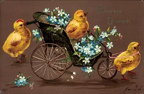 Ak Glückwunsch Ostern, Küken, Rollstuhl, Vergissmeinnicht, EAS