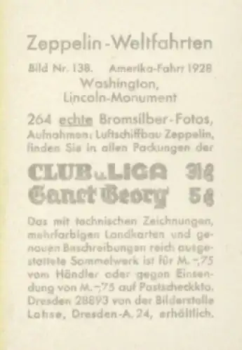 Sammelbild Zeppelin Weltfahrten Nr. 138 Amerika-Fahrt 1928, Washington DC, Lincoln Monument
