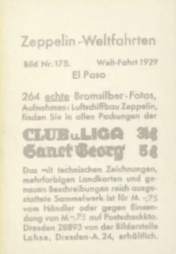 Sammelbild Zeppelin Weltfahrten Nr. 175, Welt-Fahrt 1929, El Paso