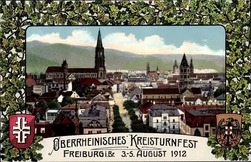 Passepartout Ak Freiburg im Breisgau, Oberrheinisches Kreisturnfest 1912, Stadtansicht