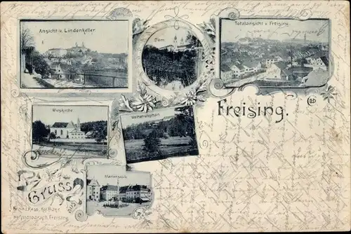 Ak Freising in Oberbayern, Lindenkeller, Mariensäule, Wies Kirche, Totalansicht, Dom