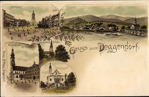 Litho Deggendorf im Bayerischen Wald Niederbayern, Stadtplatz, Pfarrkirche, Kloster, Teilansicht