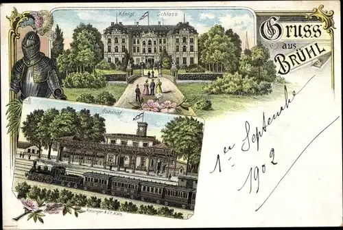 Litho Brühl Nordrhein Westfalen, Königl. Schloss, Bahnhof, Gleisseite, Dampflok