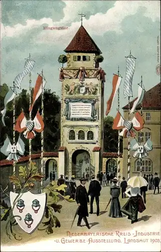 Wappen Künstler Ak Landshut, Niederbayer. Kreis Industrie u. Gewerbeausstellung 1903, Festschmuck