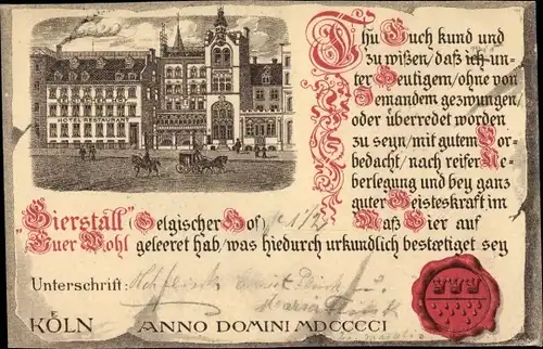 Künstler Ak Köln am Rhein, Bierstall Belgischer Hof, Urkunde