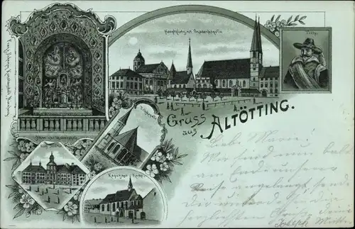 Mondschein Litho Altötting in Oberbayern, Hauptplatz, Gnadenkapelle, Kapuzinerkirche, Tilly