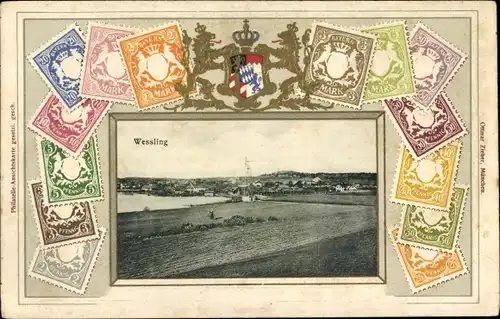 Präge Wappen Briefmarken Passepartout Ak  Wessling Weßling Oberbayern, Panorama