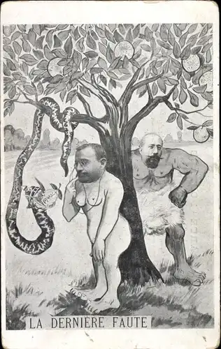 Ak La Derniere Faute, Karikatur, Adam und Eva, Kaiser Wilhelm II. als Schlange, Marokko als Apfel