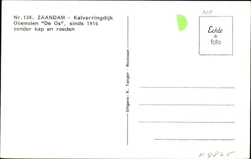 Ak Zaandam Zaanstad Nordholland, Kalverringdijk, Oliemolen De Os