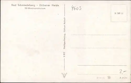 Ak Bad Schmiedeberg in der Dübener Heide, SV-Moorsanatorium