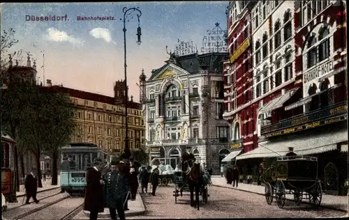 Ak Düsseldorf am Rhein, Bahnhofsplatz mit Straßenbahn, Hotel Bristol, Bahnhofhotel